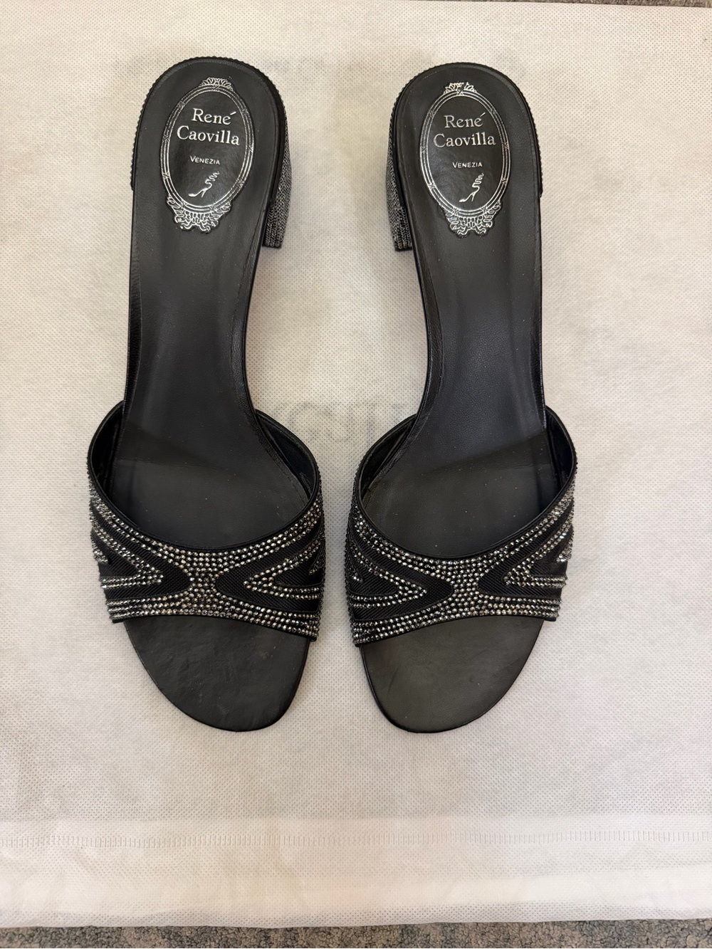 Rene Caovilla Black Crystal-Embellished Slide Mules